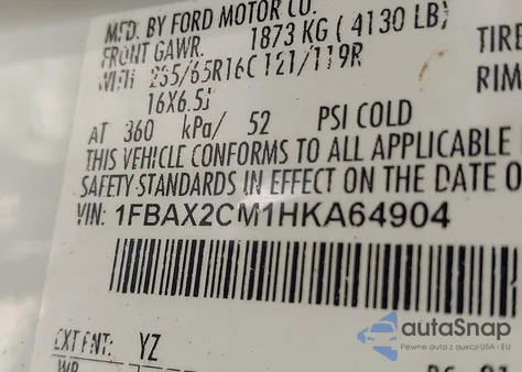 2017 Ford Transit Xl/Xlt z USA, uszkodzony, nr VIN 1FBAX2CM1HKA6490